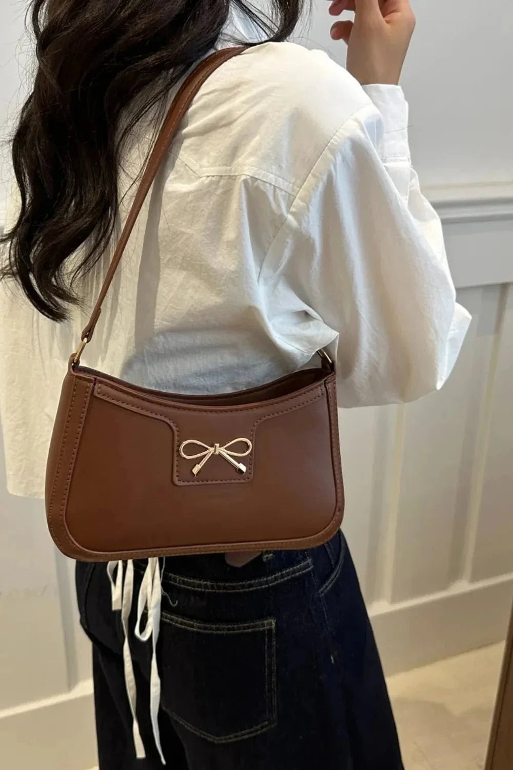 Bow Trim PU Leather Shoulder Bag - VILLA FASHION